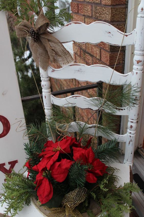 chair for charity creation, christmas decorations, repurposing upcycling, seasonal holiday decor, We wrapped the base of the chair in a burlap skirt and added some tacs and Vickie painted a little Welcome sign on it to add to the charm of the front door fru fruification FAB