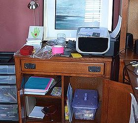 home office organization project, home office, organizing, Confused space here with kid s stuff and office supplies