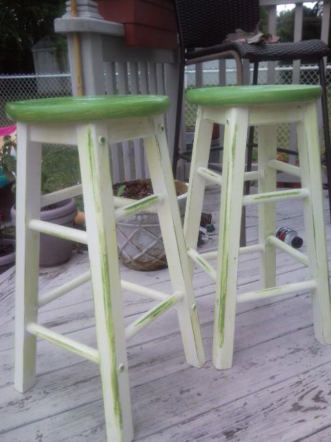 stenciled stools, painted furniture, sanded and distressed and then painted