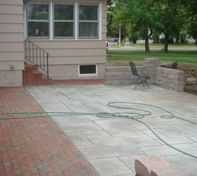stone amp brick patio repair led lighting waterfalls fountain and landscaping in, fire pit, patio, ponds water features, Brick and Slate Stone Patio Sitting Walls installation for this Brighton NY home Next up Pondless Waterfalls LED Lighting and Landscaping Acorn Landscaping Rochester NY