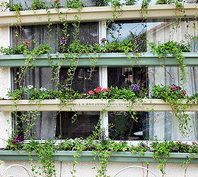 living window shade, container gardening, flowers, gardening, outdoor living, repurposing upcycling, window treatments, windows, Using gutters as planters creating a living window shadeEach 10 gutter was cut to 5 lengths Then measured 18 inches from each end and 2 inches across for cord placement Drainage holes were drilled all along the bottom of the gutters Supports end caps not shown were added Each gutter was spray painted with Rust oleum Ultra Cover that bonds with plastic Colors used were Sage Green and Fossil 2 of the gutters were painted with Sage Green and the other 2 were painted Fossil After painting the gutters let them completely dry