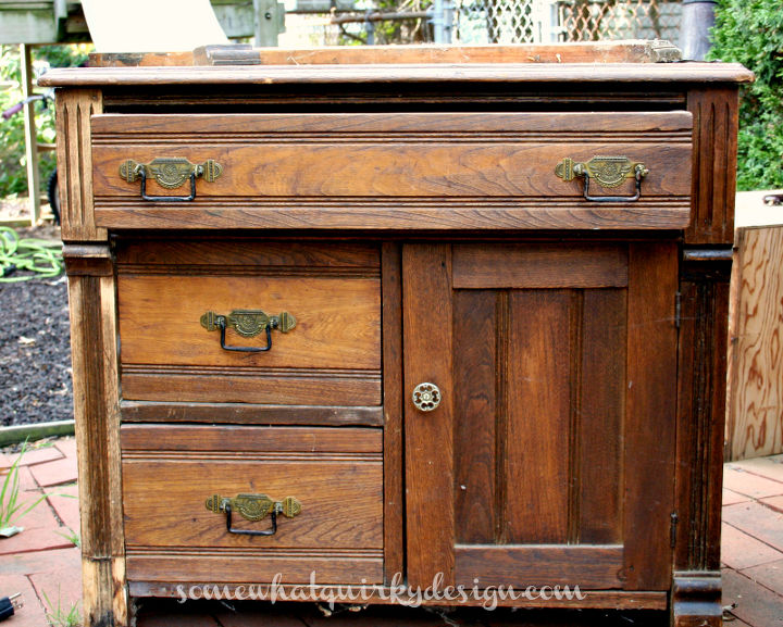 an old washstand cheered up with miss mustard seed milk paint, painted furniture, Before it was storing pool chemicals in the garage
