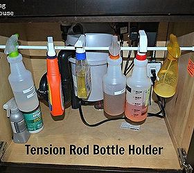 uses for tension rods, cleaning tips, closet, home decor, Use a tension rod to hang bottles under your sink