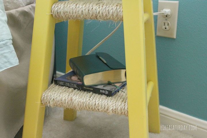 side table repurposed from barstool, bedroom ideas, home decor, painted furniture, repurposing upcycling, To create the shelves I wrapped the stool rungs with sisal rope I attached the ends with hot glue and wrapped the rope very tightly to make it secure