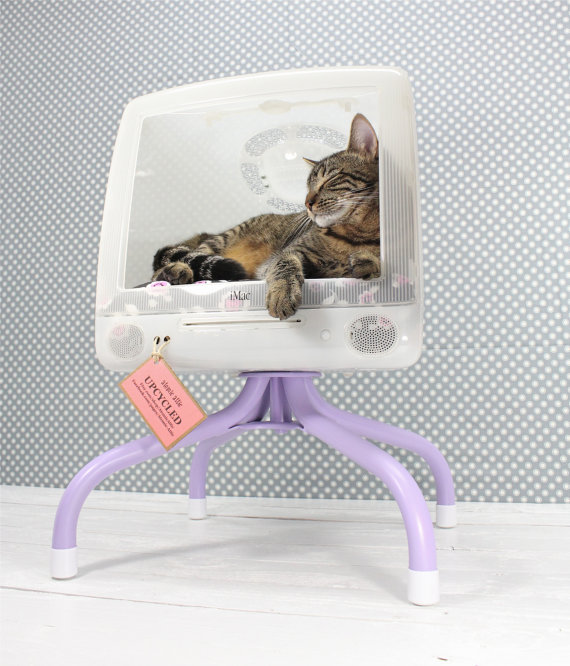 furniture for pets, painted furniture, pets animals, A broken Apple monitor converted into a cat bed