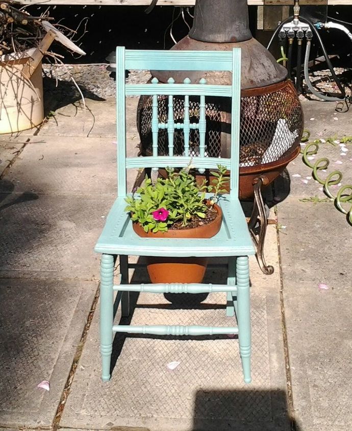 chair with flower pot, flowers, gardening