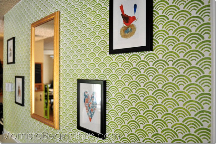 diy stencil projects, This fantastic gallery wall was painted by the Momista Beginnings blog using our Scallops Allover stencil