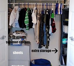 organize kids closets once and for all, closet, organizing, Using hanging sweater storage shelves is a perfect place to stash extra diapers and supplies Paper storage drawers also come in handy for sheets and blankets