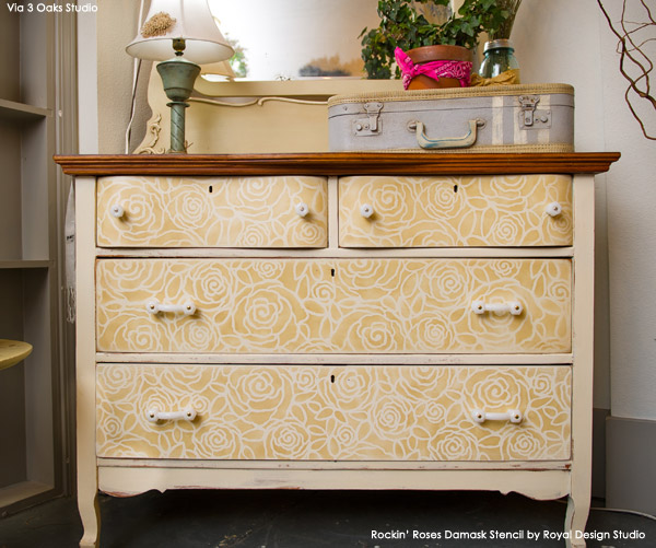 diy stencil projects, Our Rockin Roses Damask Stencils adds a touch of elegance to this chest of drawers