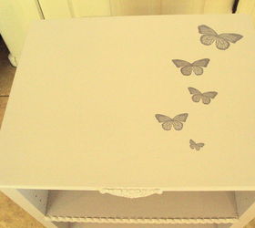painted nightstand, painted furniture, Mod Podge scrapbook paper cut out butterflies