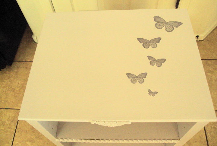 painted nightstand, painted furniture, Mod Podge scrapbook paper cut out butterflies