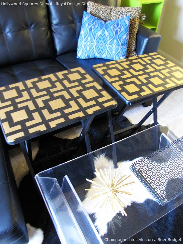 inspiring before after stenciled furniture projects, chalk paint, painted furniture, Modern Hollywood Squares Stencil pattern on coffee table or TV tray
