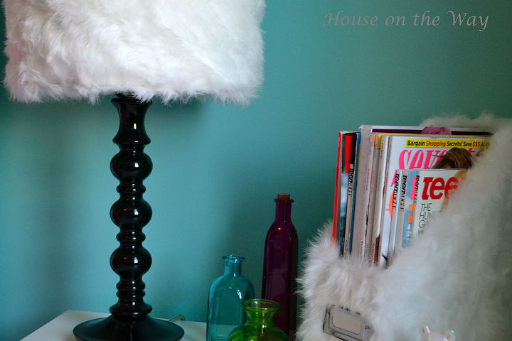 faux fur lampshade and magazine holder, home decor, The finished lamp makeover