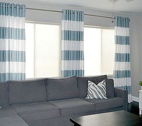 diy grommet top curtains, home decor, living room ideas, reupholster, window treatments, windows, I love the bold stripe and the color is perfect with all of the grey in my room