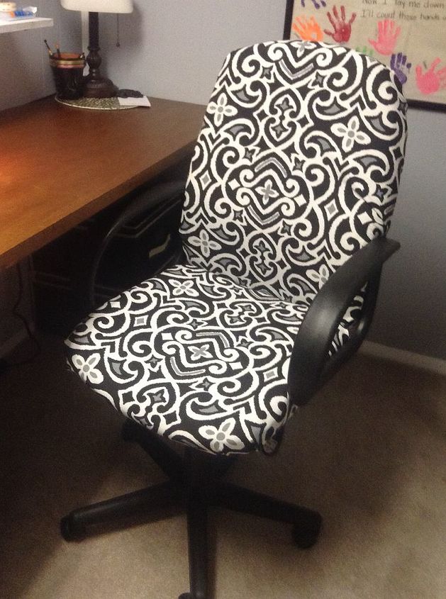office chair goes from blah and boring to new and classy, home office, repurposing upcycling, reupholster, I covered with the indoor outdoor material Super easy to work with