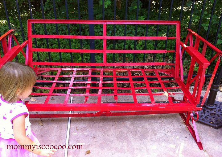 vintage glider before and after, outdoor furniture, painted furniture, After I spray painted it red