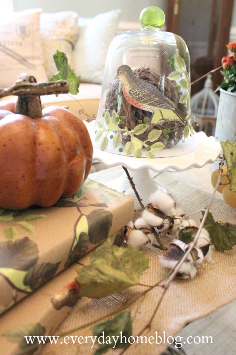 decoupage is back covered books and a cloche in botanical birds, crafts, decoupage, seasonal holiday decor, A Fall vignette is created with decoupaged books cloche cotton heirloom pumpkins grapevine and a burlap runner