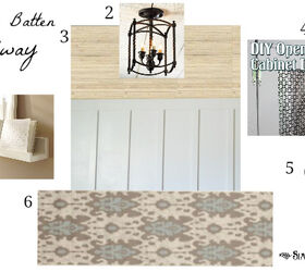 plans and a design board for our board and batten hallway, foyer, lighting, shelving ideas, woodworking projects