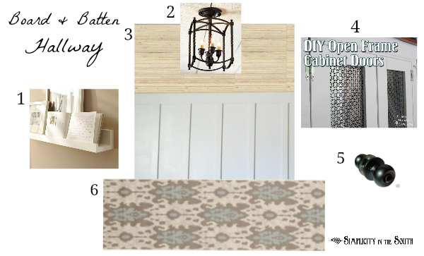 plans and a design board for our board and batten hallway, foyer, lighting, shelving ideas, woodworking projects