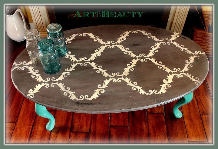 quick stenciled coffee table makeover trash to treasure, painted furniture, The finished makeover on the coffee table livingroom