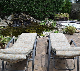 project spotlight love water features love to relax this is the best of both enjoy, outdoor living, patio, ponds water features, pool designs, spas, View from the lounge chairs of the pond waterfall and Bullfrog spa
