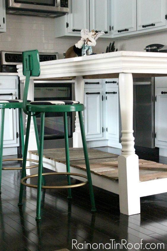 vintage modern rustic kitchen, home decor, kitchen backsplash, kitchen design, kitchen island, I made over the industrial style stools to give them more of a modern look The island is the most rustic piece in the kitchen
