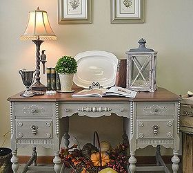 painted antique desk with lots of carved details, painted furniture, A full view of the desk after