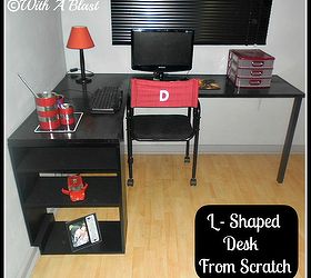 l shaped desk made from scratch, diy, painted furniture, The table tops were originally swing doors then shelves and now desk tops I took measurements from the tops and we built the bookshelf at the end We added a single leg to the other side for stability