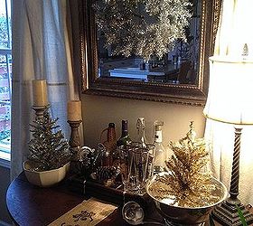 vintage silver and gold christmas decorations on the bar, repurposing upcycling, seasonal holiday d cor, wreaths, Tinsel trees in gold and silver HolidayCheer christmas bar