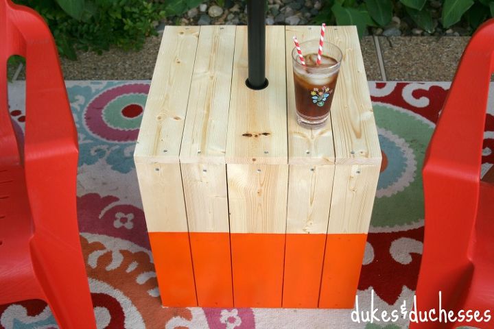 a diy color block umbrella table, outdoor living, woodworking projects