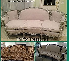 update an antique couch, painted furniture, Here you can see the original fabric bottom left the stripped couch then the recovered couch at the top