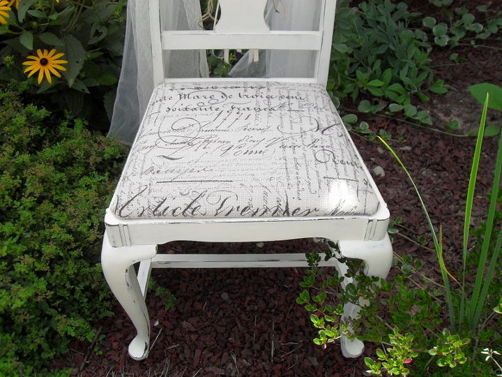 the brides chair a keepsake for my daughter, painted furniture, I used Annie Sloan s Old White and a French script fabric for the seat