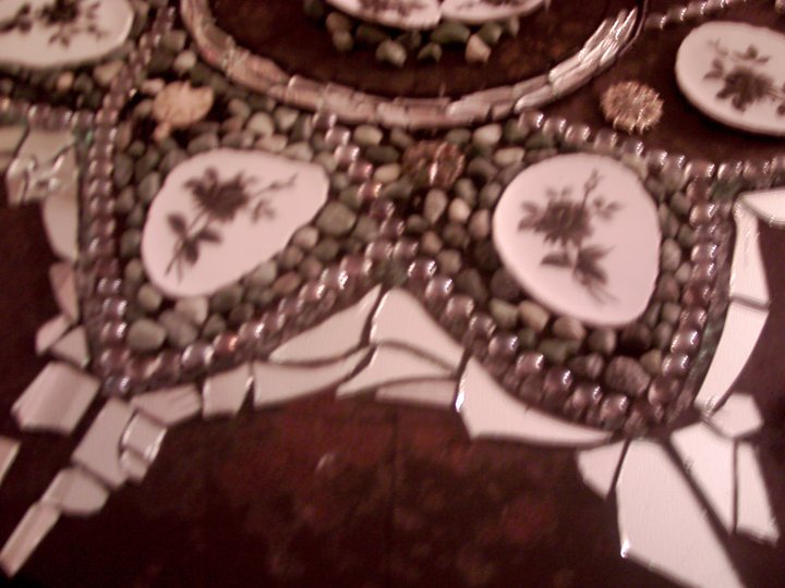 mosaic table, crafts, painted furniture, tiling, I started forming the outer star pattern with a mix of stones and mirror