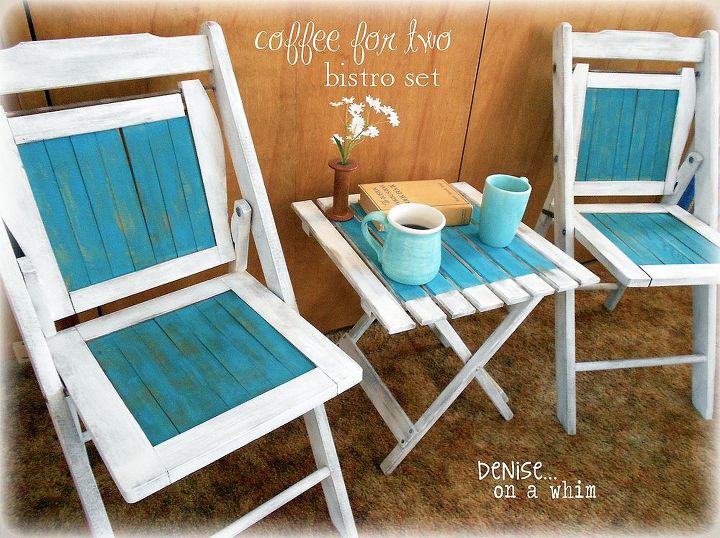 a cute little bistro set, painted furniture, Vintage White and Peacock Paints give these pieces a fun beachy theme