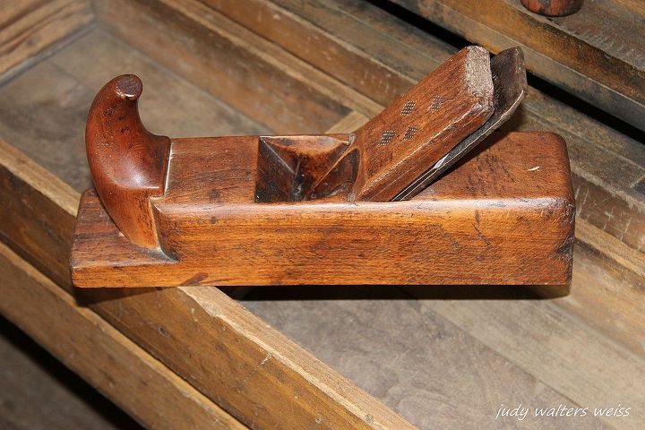 when mother nature brings down your tree make a bench, diy, painted furniture, woodworking projects, This old wood plane is a beautiful work of art in itself love the horn shaped knob