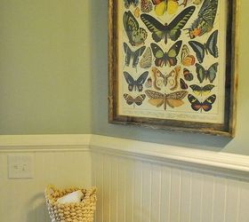 powder room makeover, bathroom ideas, home decor, An inexpensive butterfly print framed in a barn wood frame
