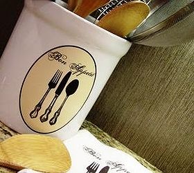 how to customize a utensil crock, crafts, repurposing upcycling, To make your own customized crock you need the following Crock Image Bowl with lukewarm water Oven Decal squeegee and or paper towel bowl with lukewarm water oven decal squeegee or paper towel
