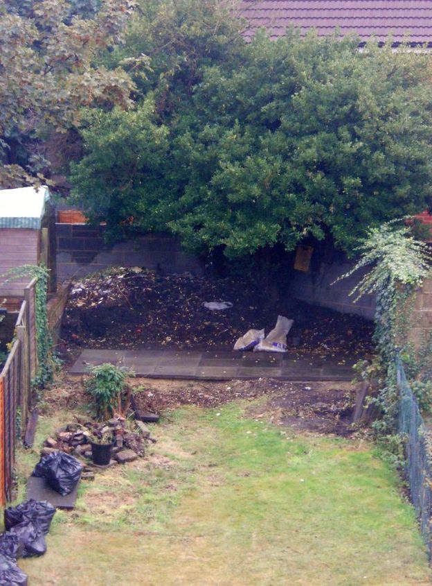the day the shed base went down, fire pit, Our new shed base picture taken from the attic window