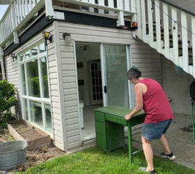 She drags this old desk out to her yard for this charming and quaint outdoor accent
