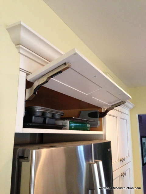 kitchen cabinet storage solutions, kitchen design, shelving ideas, storage ideas, This unique awning or uplift style cabinet hinge makes the tray shelf easily accessible