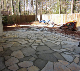 a few photos of a recent installation no more grass but a nice stone patio hot, concrete masonry, landscape, outdoor living, perennial, pool designs, spas, A look after we finished the dry laid flagstone patio We blended colors of flagstone to add more interest to the area
