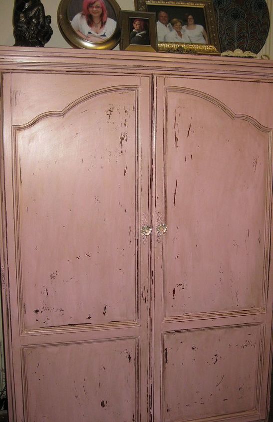 computer armoire re do, flooring, painted furniture, soft pink with antique gold bronze glaze