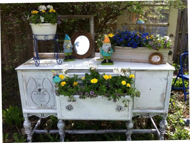 jake s beautiful buffet garden, gardening, painted furniture, repurposing upcycling, flowerpots added