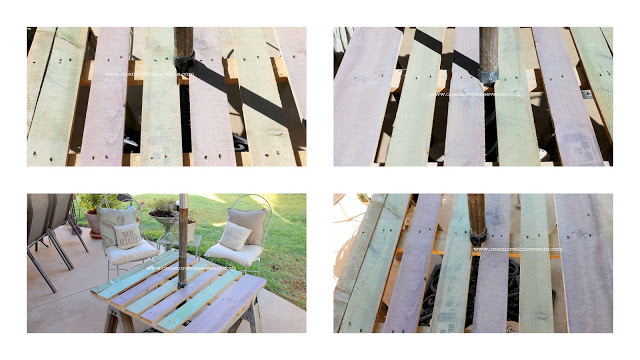 outdoor umbrella table made from a pallet and saw horses, diy, how to, outdoor furniture, outdoor living, painted furniture, pallet, repurposing upcycling, Color washed colors to match sitting area