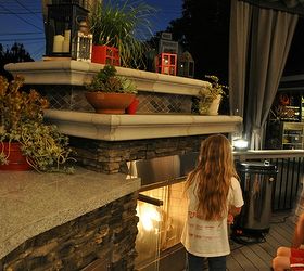 our outdoor kitchen deck and patio cover, fireplaces mantels, home improvement, outdoor living, patio, At night in front of the fire