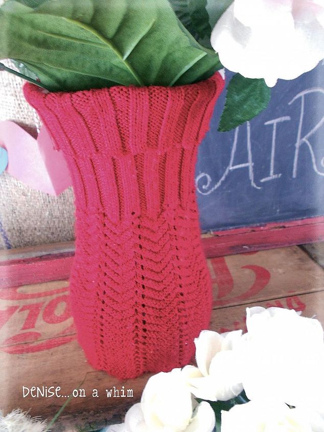upcycle a vase with a sweater, crafts, repurposing upcycling, seasonal holiday decor, The sleeve from a red sweater makes this plain vase oh so pretty