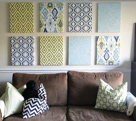 fabric covered canvas gallery wall, home decor, wall decor, Brightly patterned fabric add some much needed color and pattern to a large beige wall