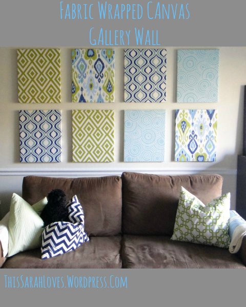 fabric covered canvas gallery wall, home decor, wall decor, Brightly patterned fabric add some much needed color and pattern to a large beige wall