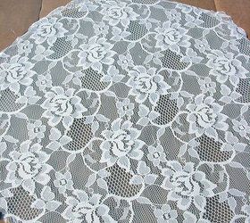 a lacy table, painted furniture, I pressed the adhesive side of the lace to the little glass table top to make sure the lace had no air spaces
