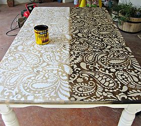 stenciled tables, Paisley table half before stain half after
